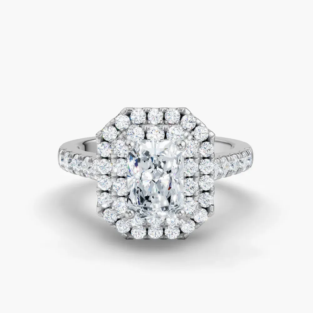 Certified 1 carat Lab Grown Diamond Radiant Cut Halo, Pavé, Double halo Engagement Ring in 14K White Gold-Brexa