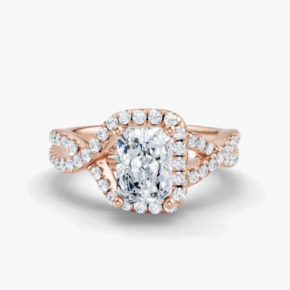 Certified 1 carat Lab Grown Diamond Radiant Cut Unique, Pavé, Halo Engagement Ring in 14K Rose Gold-Stellune