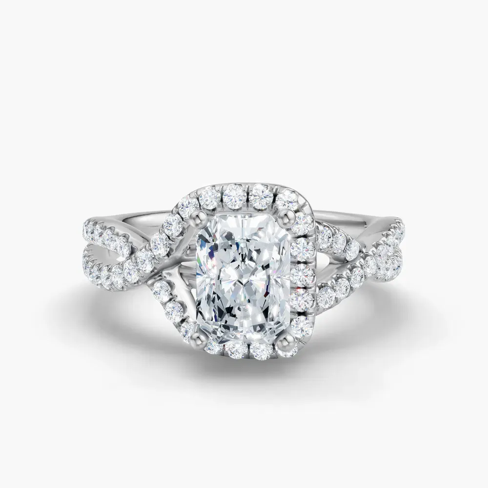 Certified 1 carat Lab Grown Diamond Radiant Cut Unique, Pavé, Halo Engagement Ring in 14K White Gold-Stellune