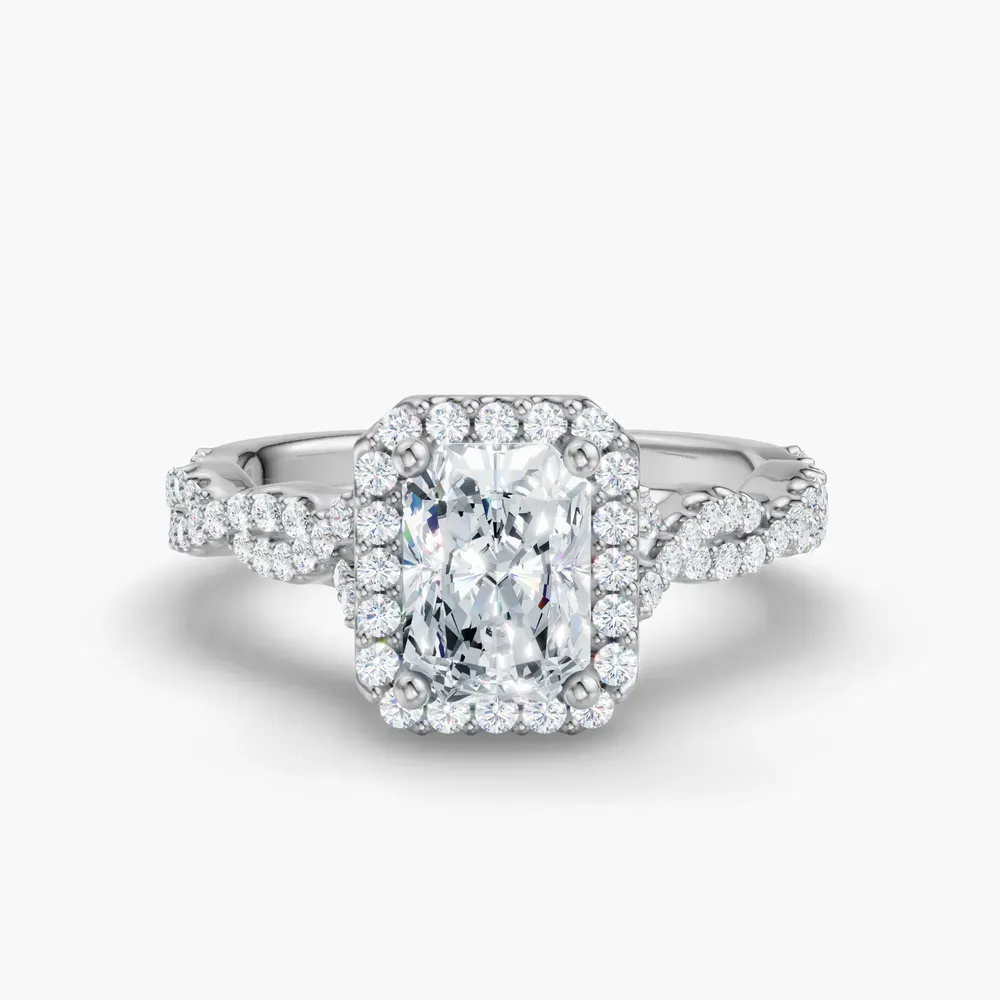 Certified 1 carat Lab Grown Diamond Radiant Cut Halo, Pavé, Twist Engagement Ring in 14K White Gold-Meraki