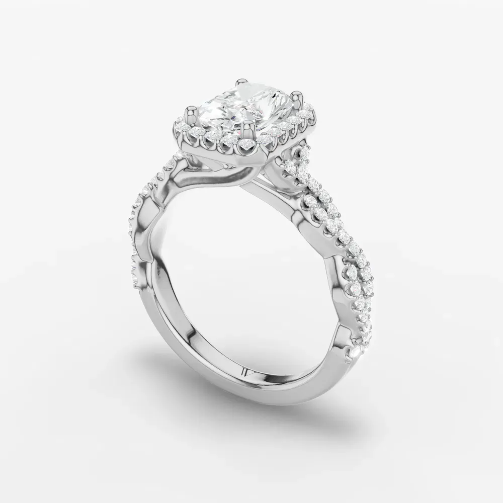 Certified 1 carat Lab Grown Diamond Radiant Cut Halo, Pavé, Twist Engagement Ring in 14K White Gold-Meraki