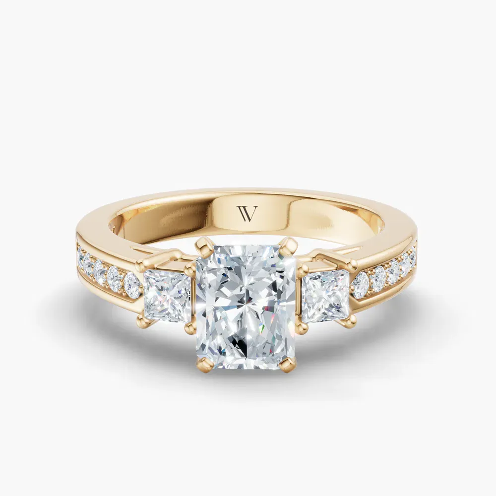 Certified 1 carat Lab Grown Diamond Radiant Cut Three Stone, Pavé, Channel Set Engagement Ring in 14K Yellow Gold-Velis