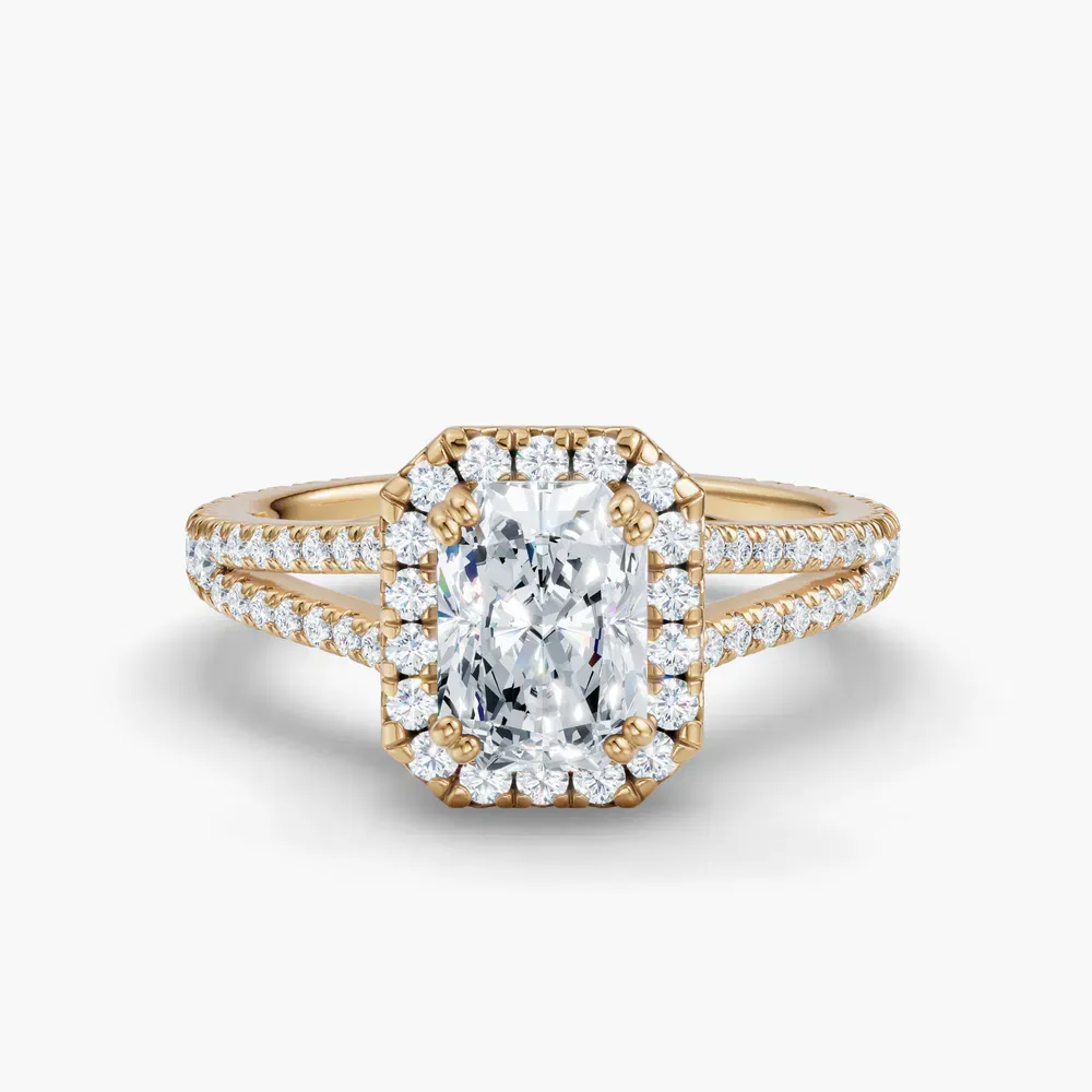 Certified 1 carat Lab Grown Diamond Radiant Cut Pavé, Halo, Cathedral Engagement Ring in 14K Yellow Gold-Gexis