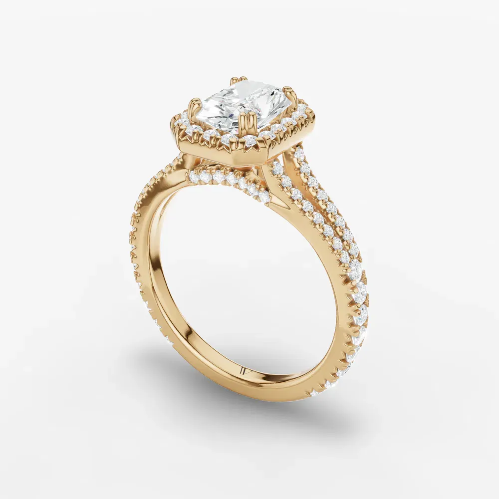 Certified 1 carat Lab Grown Diamond Radiant Cut Pavé, Halo, Cathedral Engagement Ring in 14K Yellow Gold-Gexis