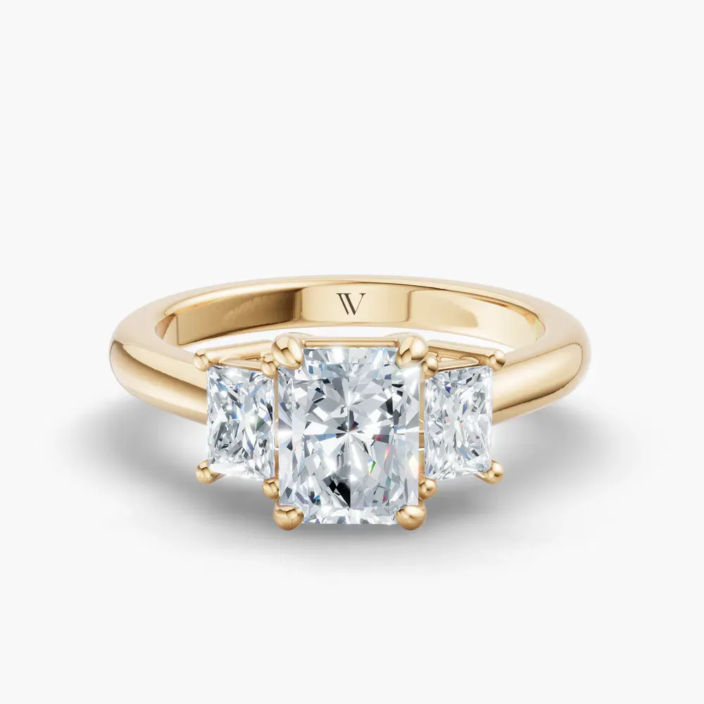 Certified 1 carat Lab Grown Diamond Radiant Cut Three Stone, Side Stone Engagement Ring in 14K Yellow Gold-Dravon