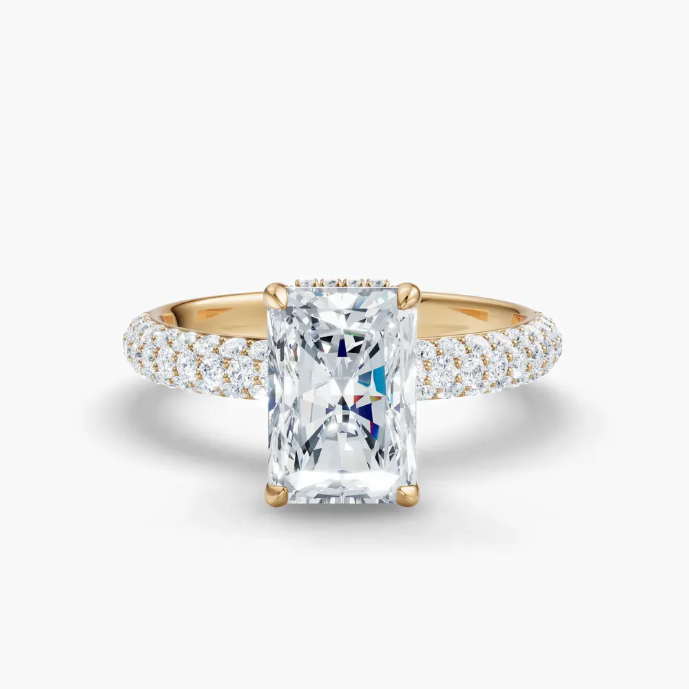 Certified 1 carat Lab Grown Diamond Radiant Cut Pavé, Hidden Halo Engagement Ring in 14K Yellow Gold-Lyre
