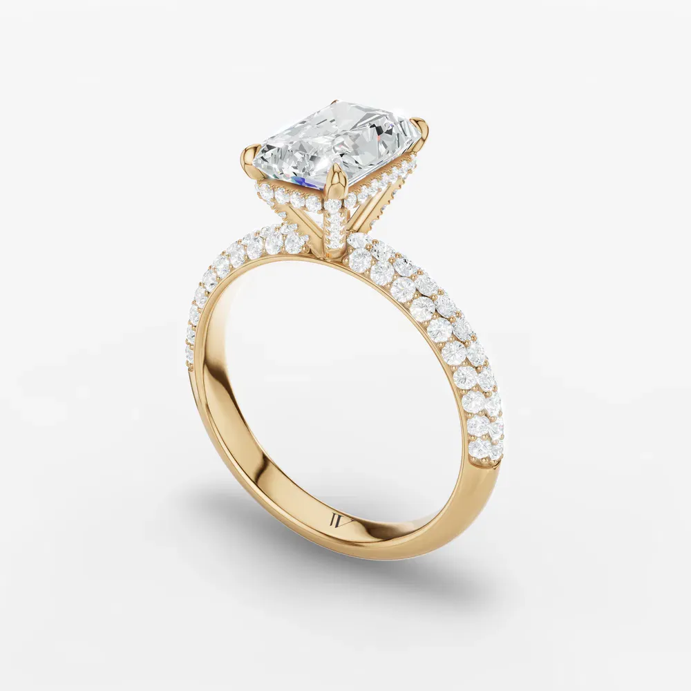 Certified 1 carat Lab Grown Diamond Radiant Cut Pavé, Hidden Halo Engagement Ring in 14K Yellow Gold-Lyre