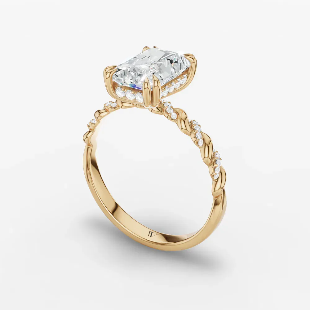 Certified 1 carat Lab Grown Diamond Radiant Cut Pavé, Hidden Halo, Twist Engagement Ring in 14K Yellow Gold-Lior