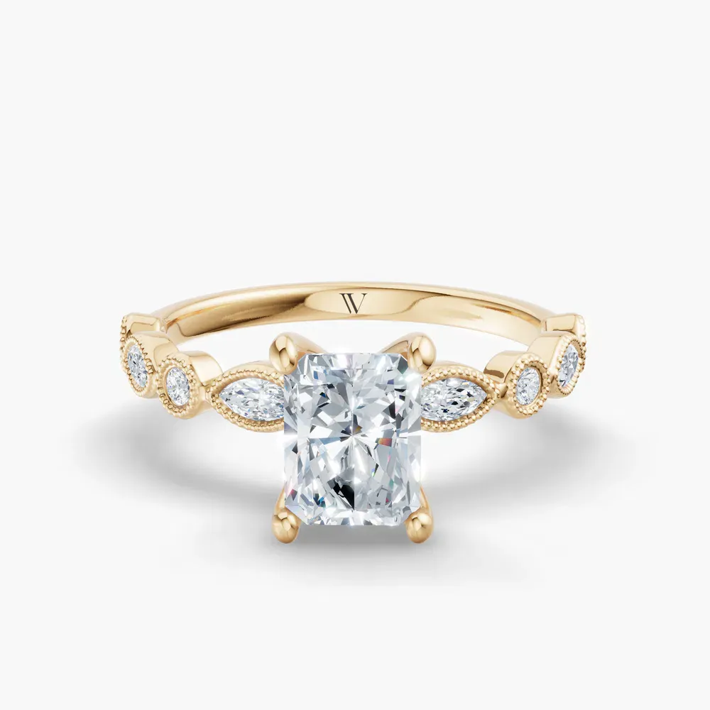 Certified 1 carat Lab Grown Diamond Radiant Cut Vintage, Milgrain, Side Stone Engagement Ring in 14K Yellow Gold-Sior