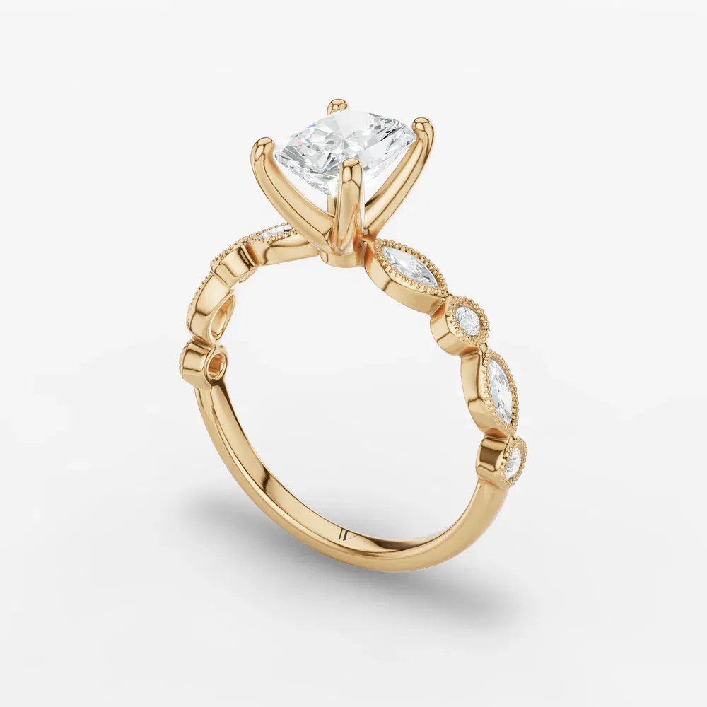 Certified 1 carat Lab Grown Diamond Radiant Cut Vintage, Milgrain, Side Stone Engagement Ring in 14K Yellow Gold-Sior