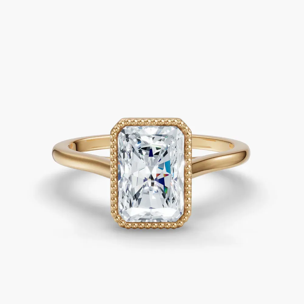 Certified 1 carat Lab Grown Diamond Radiant Cut Solitaire, Milgrain, Cathedral Engagement Ring in 14K Yellow Gold-Firen