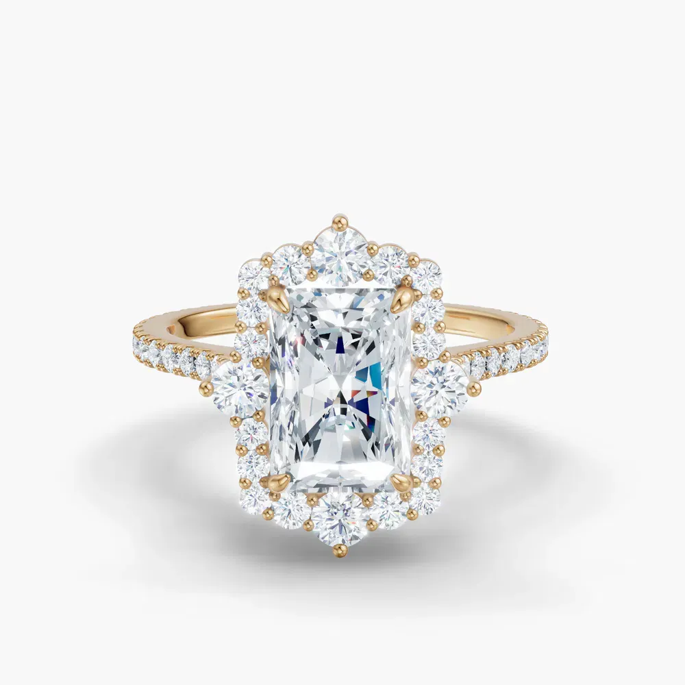 Certified 2 carat Lab Grown Diamond Radiant Cut Hidden Halo, Halo, Cathedral Engagement Ring in 14K Yellow Gold-Cylen