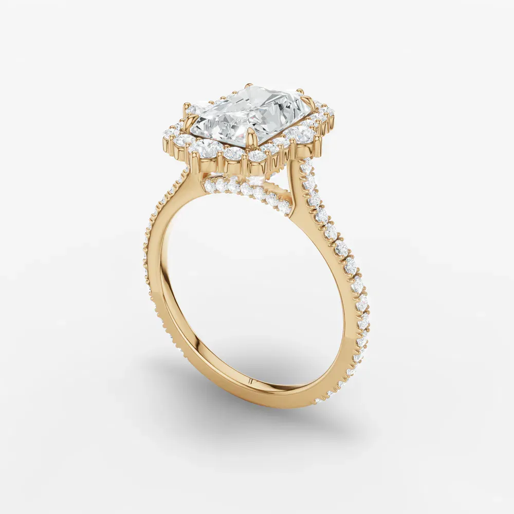 Certified 2 carat Lab Grown Diamond Radiant Cut Hidden Halo, Halo, Cathedral Engagement Ring in 14K Yellow Gold-Cylen
