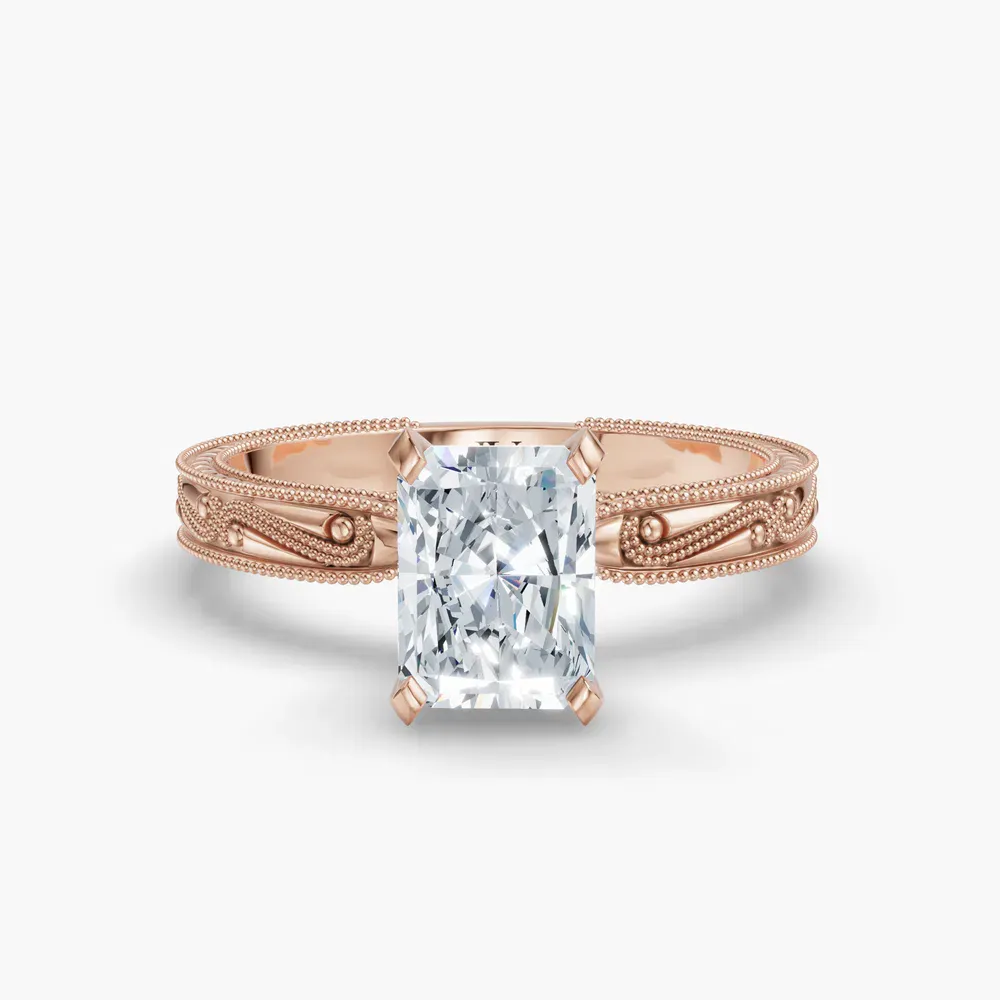Certified 1 carat Lab Grown Diamond Radiant Cut Solitaire, Milgrain, Vintage Engagement Ring in 14K Rose Gold-Lirae