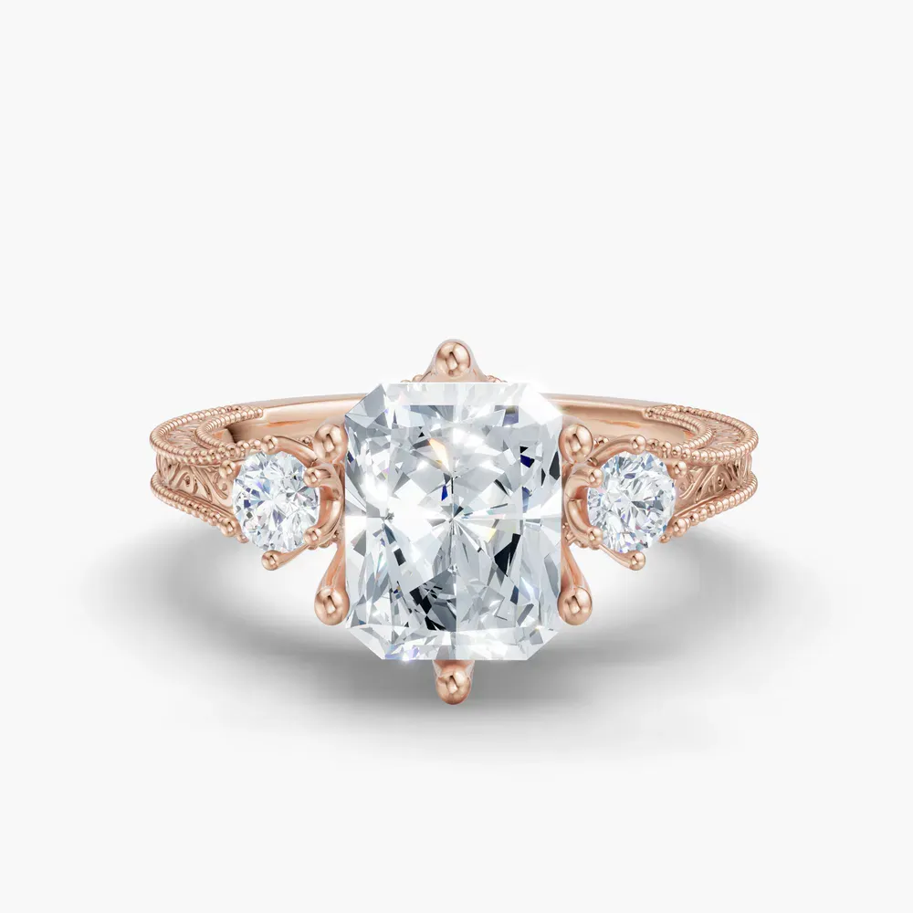 Certified 1 carat Lab Grown Diamond Radiant Cut Three Stone, Unique, Milgrain Engagement Ring in 14K Rose Gold-Zara