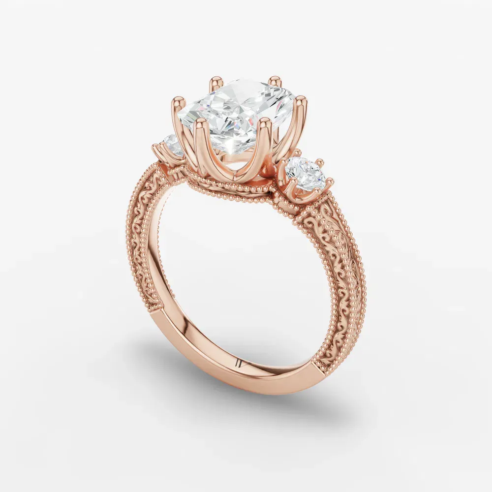 Certified 1 carat Lab Grown Diamond Radiant Cut Three Stone, Unique, Milgrain Engagement Ring in 14K Rose Gold-Zara