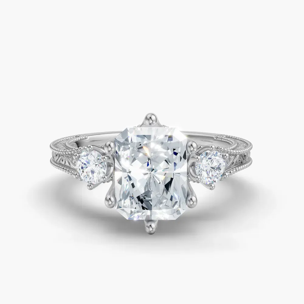 Certified 2 carat Lab Grown Diamond Radiant Cut Three Stone, Unique, Milgrain Engagement Ring in 14K White Gold-Zara