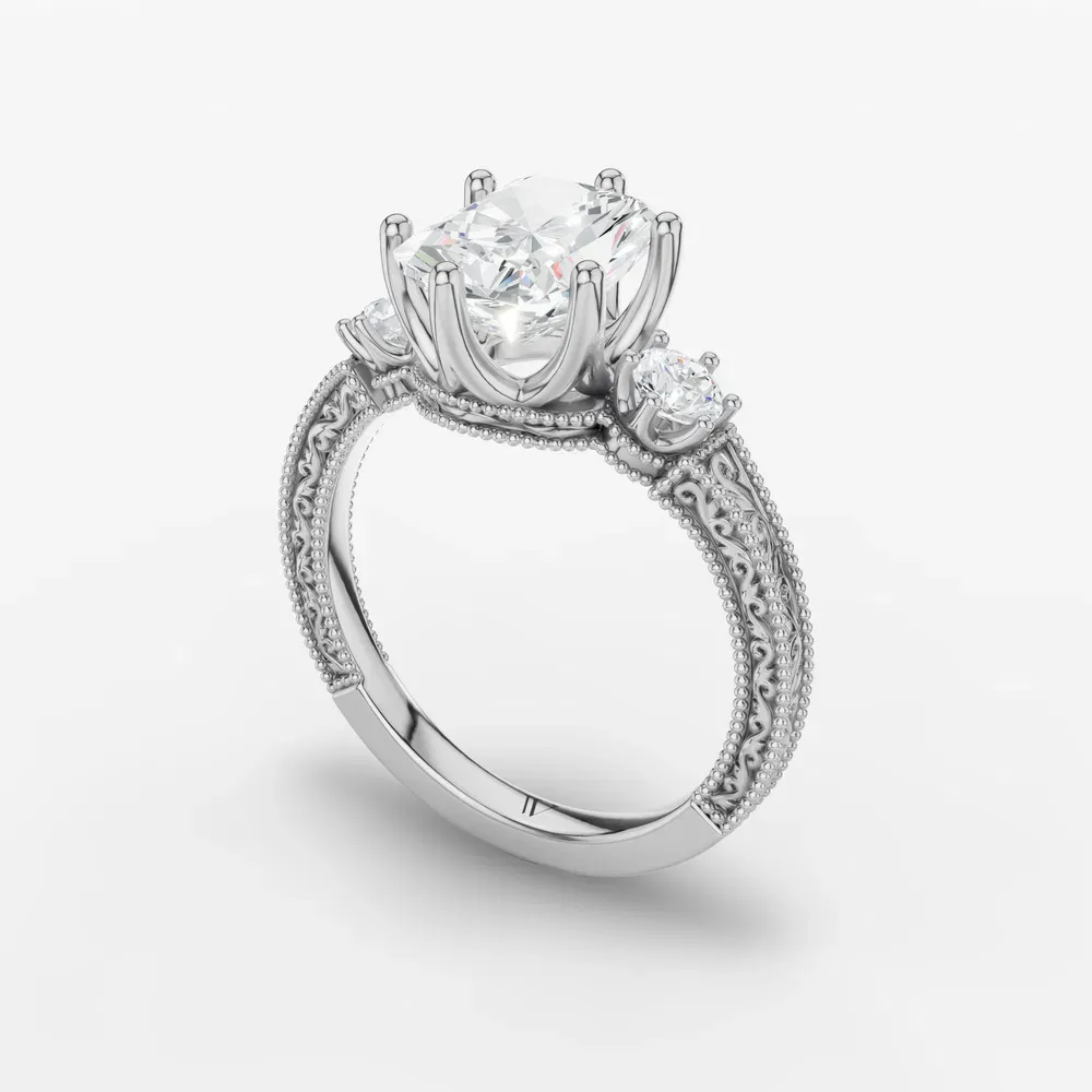 Certified 2 carat Lab Grown Diamond Radiant Cut Three Stone, Unique, Milgrain Engagement Ring in 14K White Gold-Zara