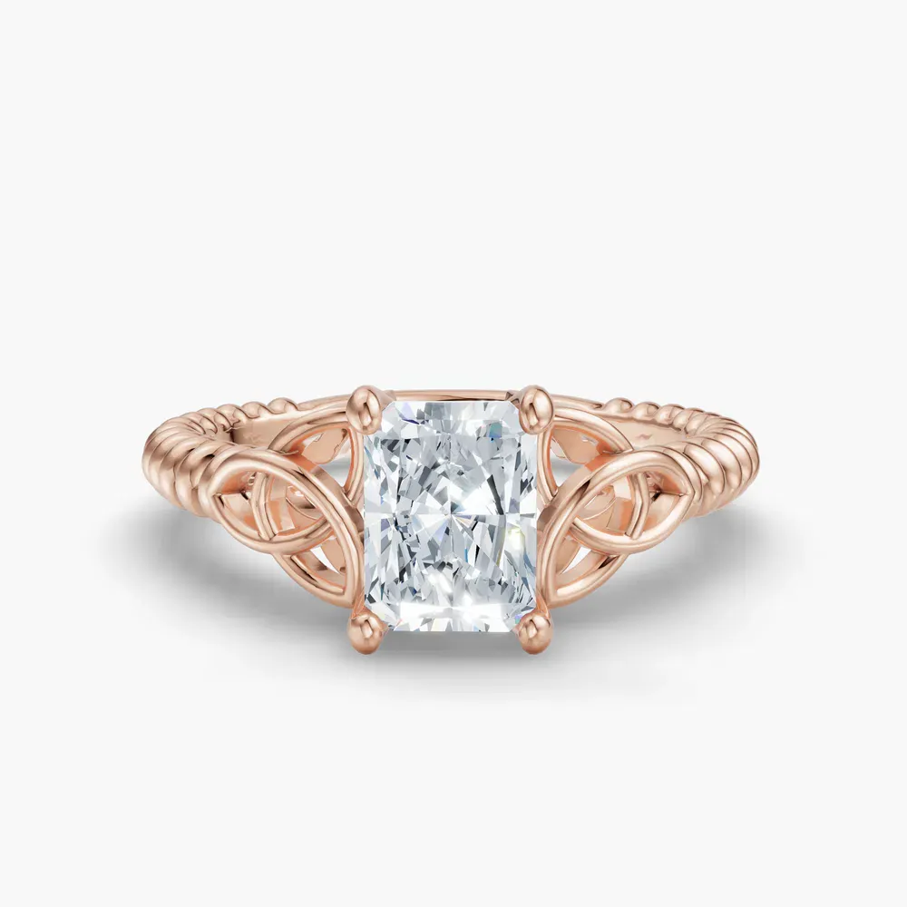 Certified 1 carat Lab Grown Diamond Radiant Cut Solitaire, Twist, Celtic Engagement Ring in 14K Rose Gold-Thalyn