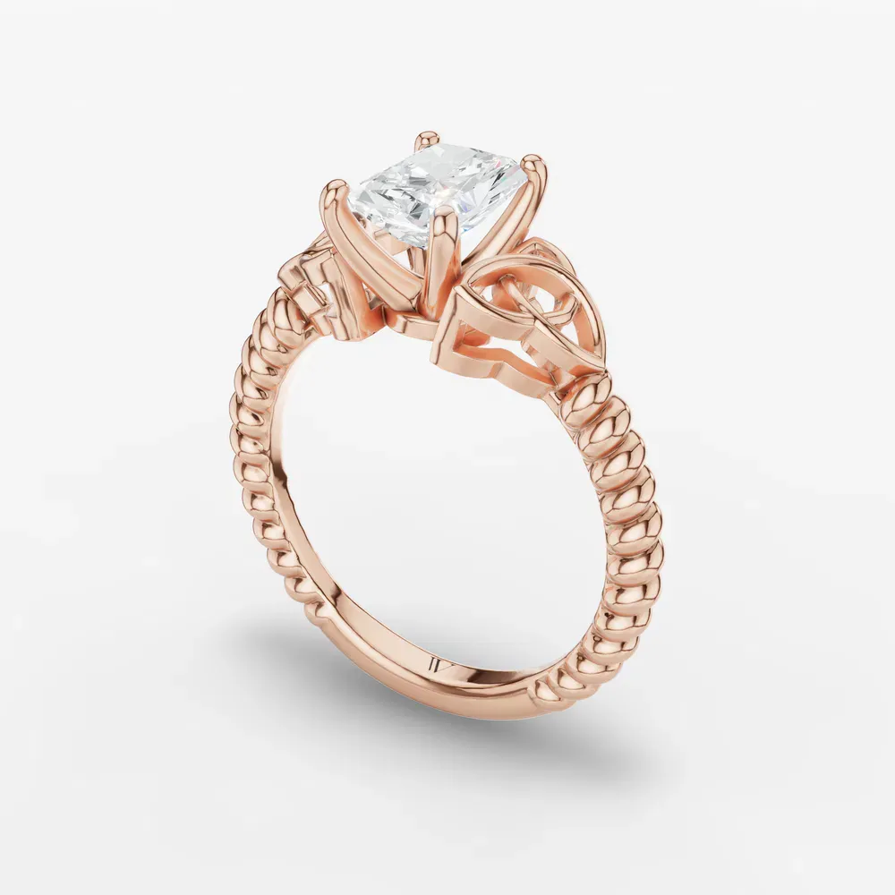 Certified 1 carat Lab Grown Diamond Radiant Cut Solitaire, Twist, Celtic Engagement Ring in 14K Rose Gold-Thalyn