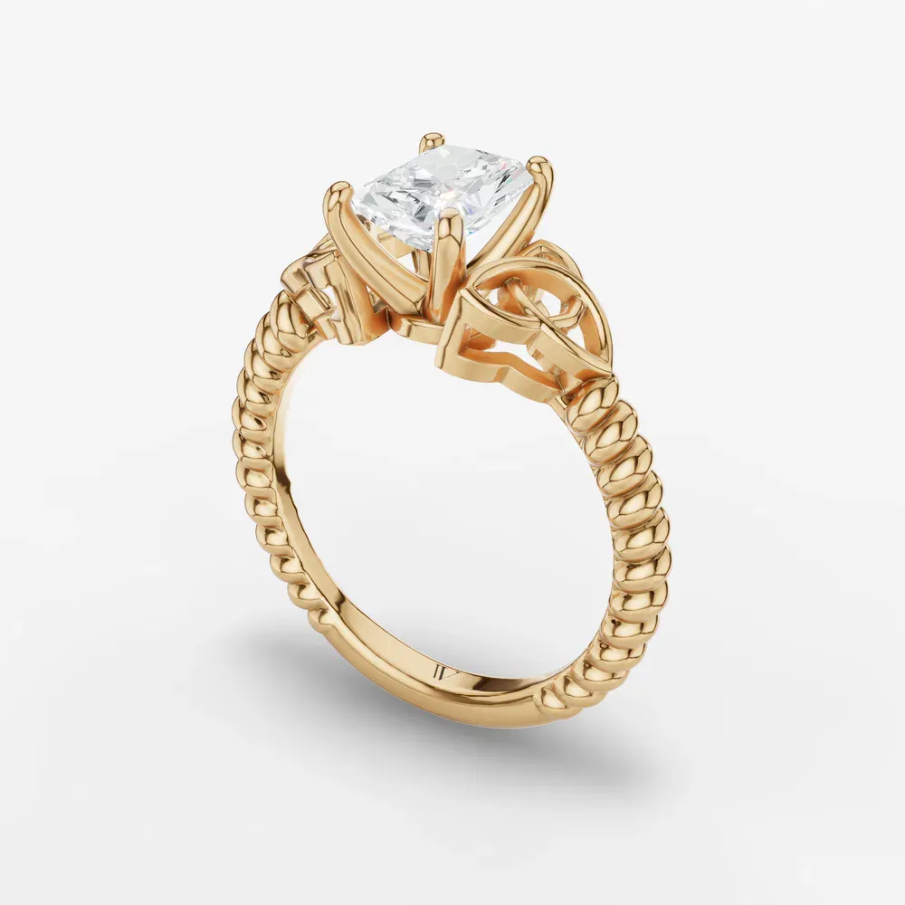 Certified 1 carat Lab Grown Diamond Radiant Cut Solitaire, Twist, Celtic Engagement Ring in 14K Yellow Gold-Thalyn