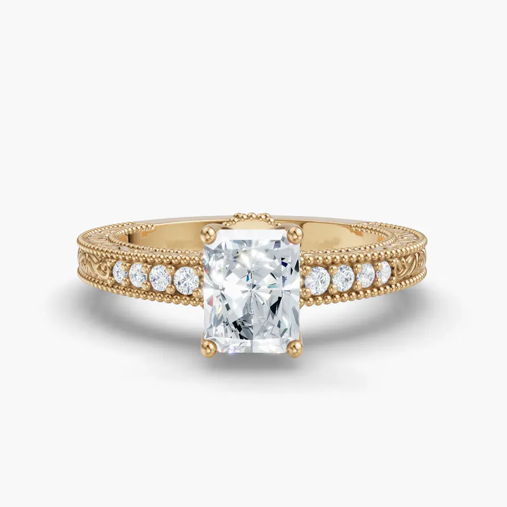 Certified 1 carat Lab Grown Diamond Radiant Cut Vintage, Milgrain, Side Stone Engagement Ring in 14K Yellow Gold-Meren