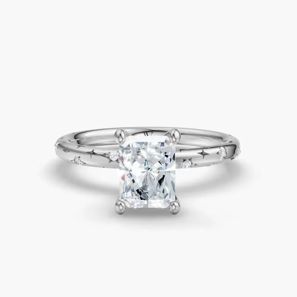 Certified 1 carat Lab Grown Diamond Radiant Cut Hidden Halo, Unique, Side Stone Engagement Ring in 14K White Gold-Celestyn