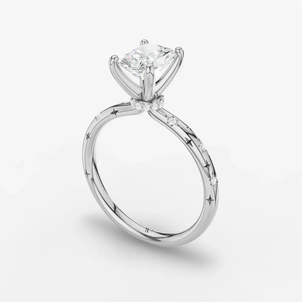 Certified 1 carat Lab Grown Diamond Radiant Cut Hidden Halo, Unique, Side Stone Engagement Ring in 14K White Gold-Celestyn