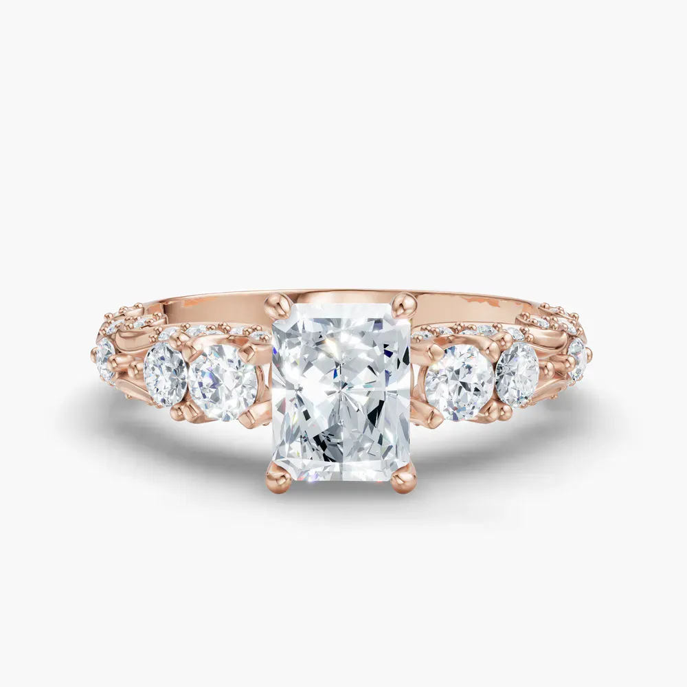 Certified 1 carat Lab Grown Diamond Radiant Cut Hidden Halo, Unique, Side Stone Engagement Ring in 14K Rose Gold-Marinia