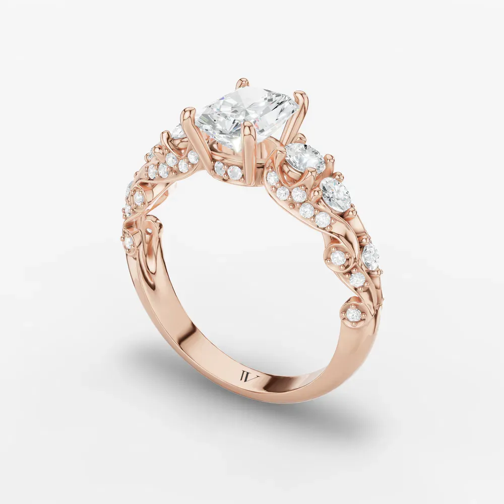 Certified 1 carat Lab Grown Diamond Radiant Cut Hidden Halo, Unique, Side Stone Engagement Ring in 14K Rose Gold-Marinia