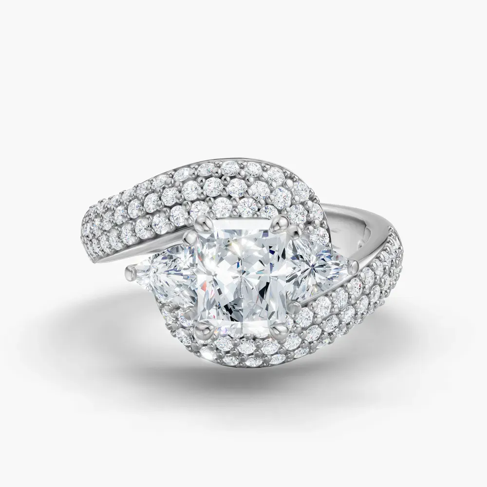 Certified 1 carat Lab Grown Diamond Radiant Cut Three Stone, Pavé, Side Stone Engagement Ring in 14K White Gold-Serene