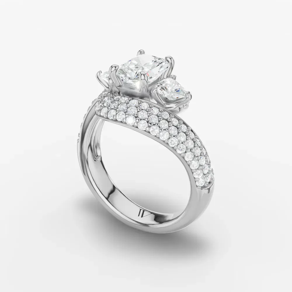Certified 1 carat Lab Grown Diamond Radiant Cut Three Stone, Pavé, Side Stone Engagement Ring in 14K White Gold-Serene