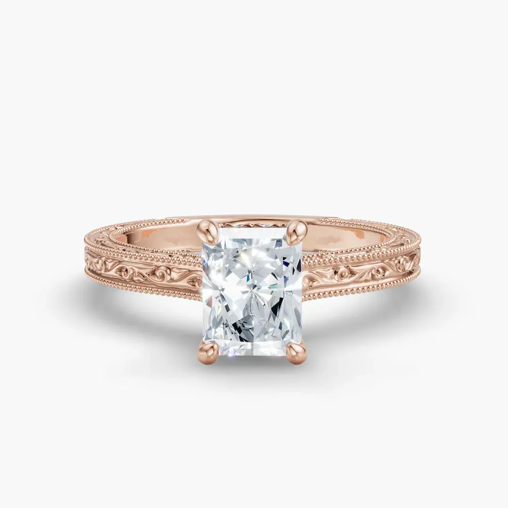 Certified 1 carat Lab Grown Diamond Radiant Cut Hidden Halo, Cathedral, Vintage Engagement Ring in 14K Rose Gold-Echo