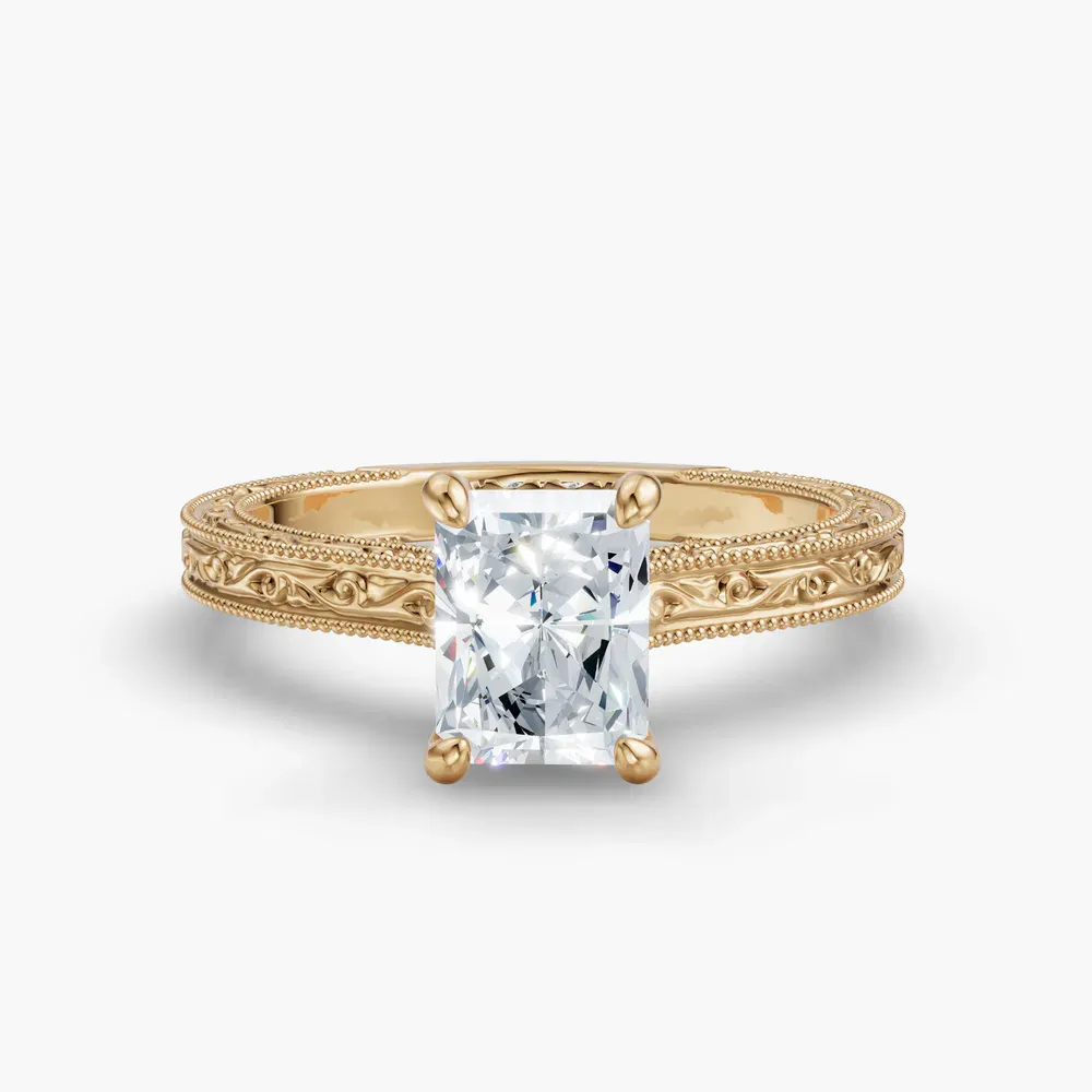 Certified 1 carat Lab Grown Diamond Radiant Cut Hidden Halo, Cathedral, Vintage Engagement Ring in 14K Yellow Gold-Echo