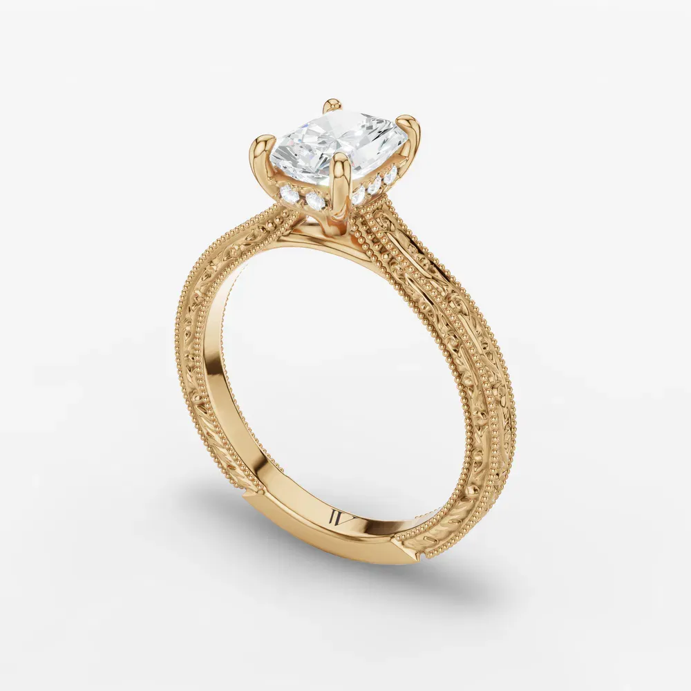 Certified 1 carat Lab Grown Diamond Radiant Cut Hidden Halo, Cathedral, Vintage Engagement Ring in 14K Yellow Gold-Echo