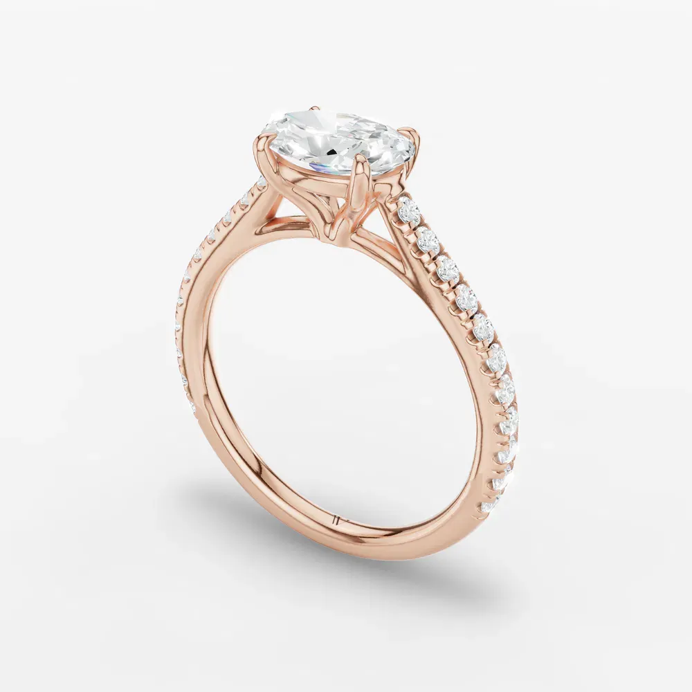 Certified 1 carat Lab Grown Diamond Oval Cut Pavé, Cathedral, East-West Engagement Ring in 18K Rose Gold-Uma