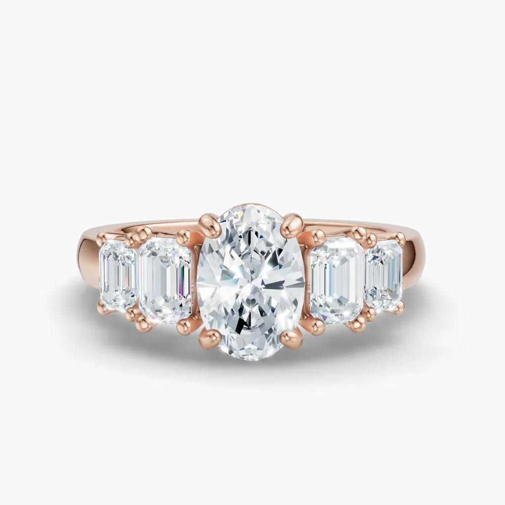 Certified 1 carat Lab Grown Diamond Oval Cut Five Stone, Side Stone Engagement Ring in 14K Rose Gold-Osvh