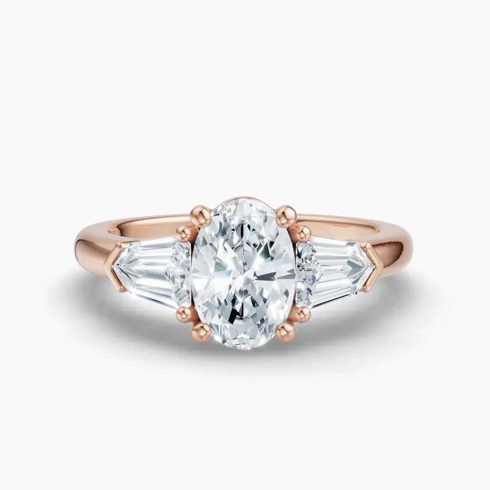 Certified 1 carat Lab Grown Diamond Oval Cut Three Stone, Side Stone Engagement Ring in 14K Rose Gold-Lyris