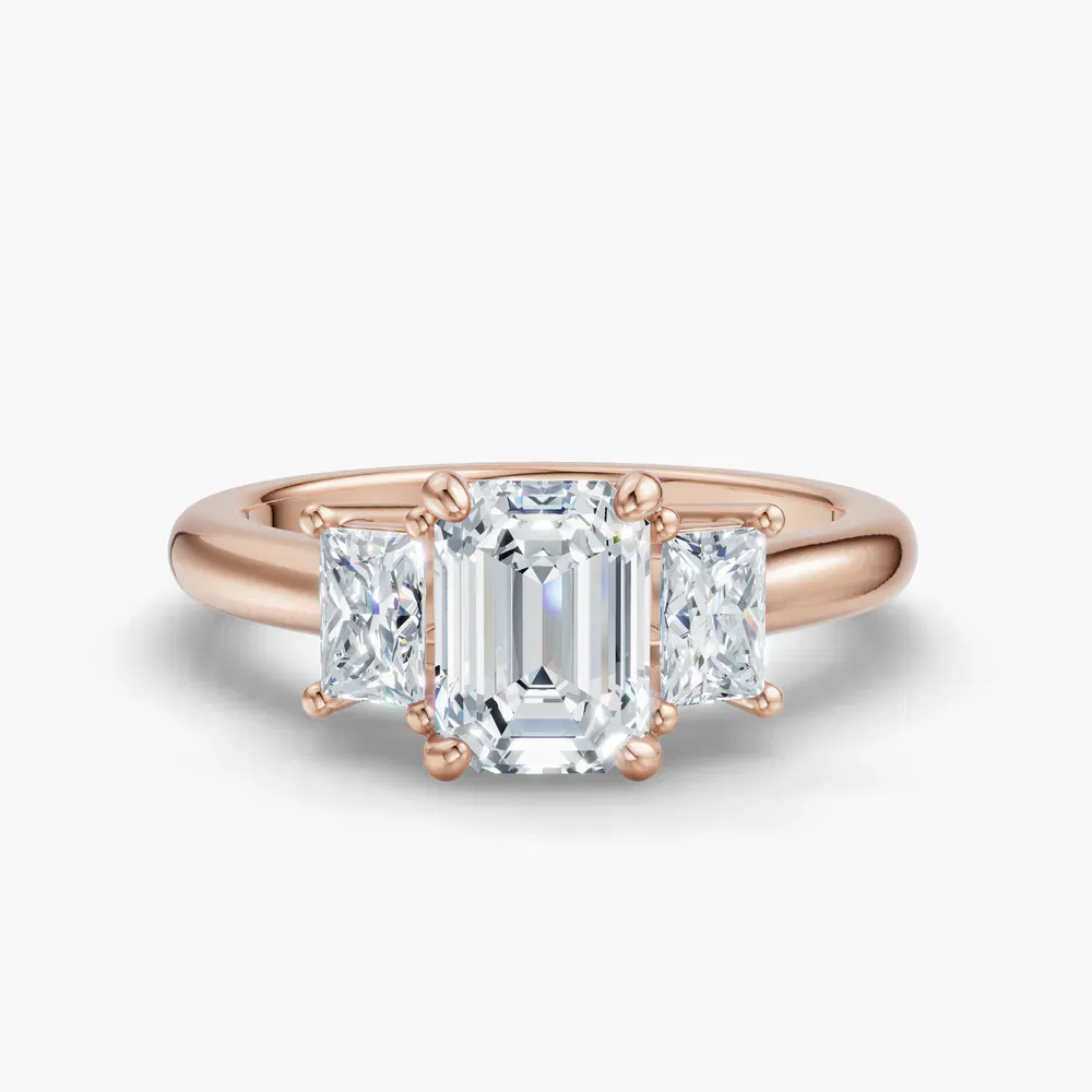 Certified 1 carat Lab Grown Diamond Emerald Cut Three Stone, Side Stone Engagement Ring in 14K Rose Gold-Dravon