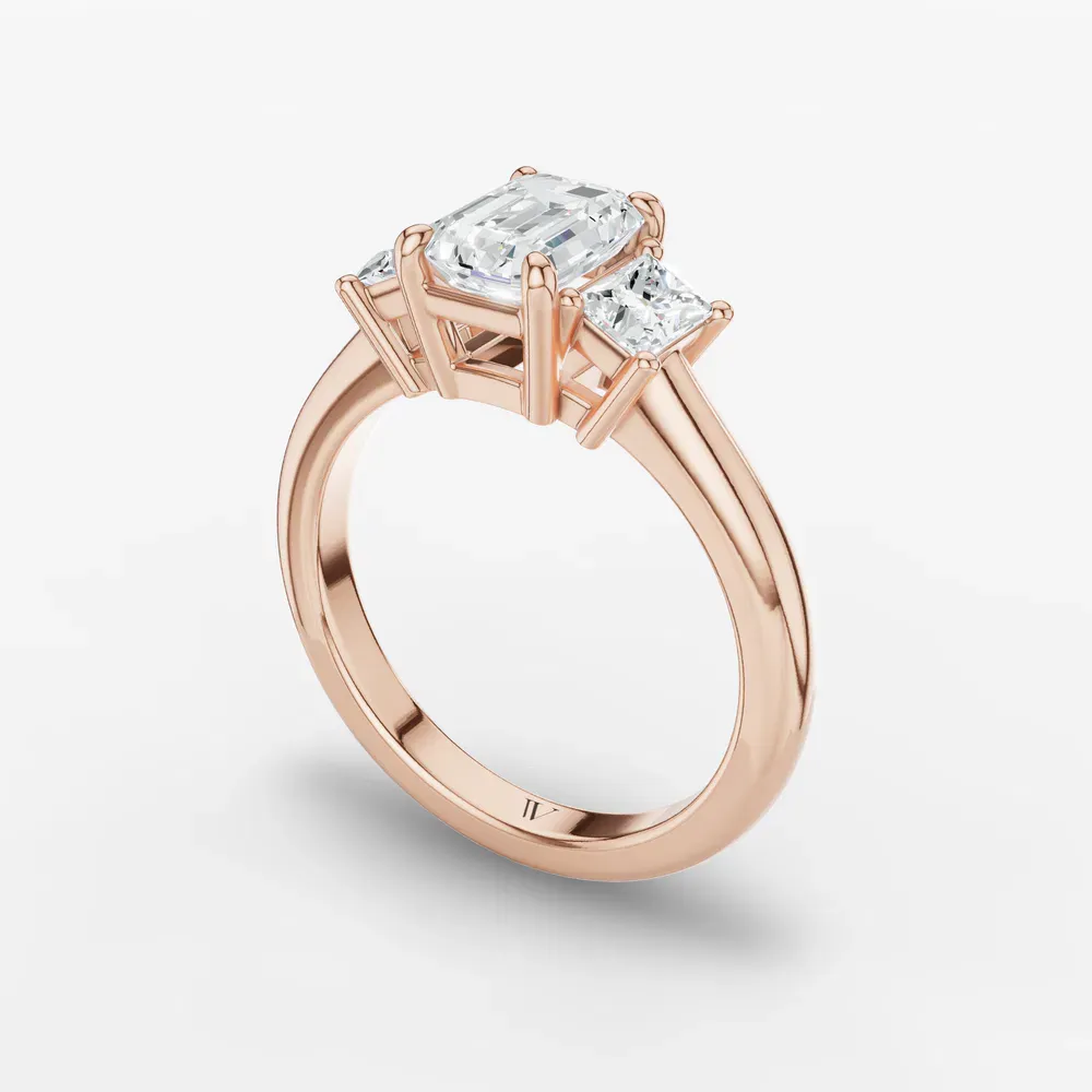 Certified 1 carat Lab Grown Diamond Emerald Cut Three Stone, Side Stone Engagement Ring in 14K Rose Gold-Dravon