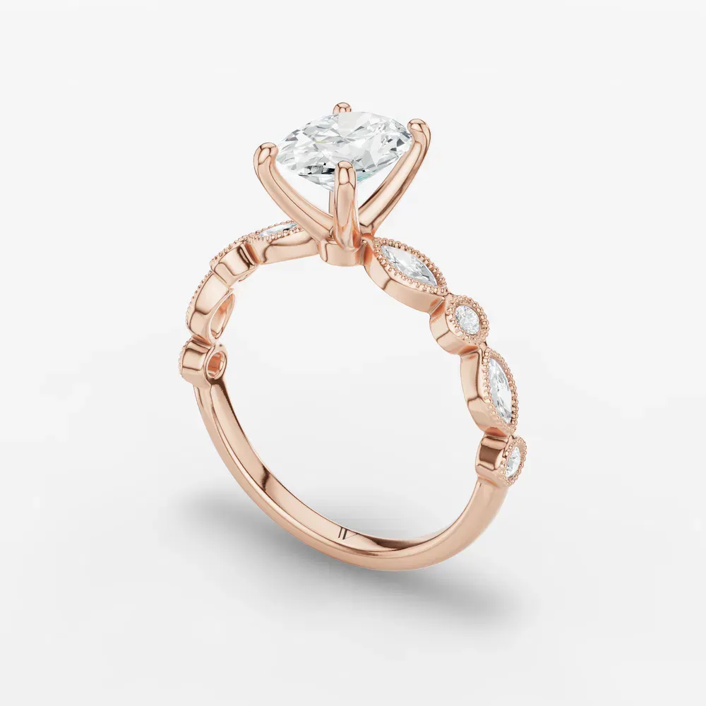Certified 1 carat Lab Grown Diamond Oval Cut Vintage, Milgrain, Side Stone Engagement Ring in 14K Rose Gold-Sior