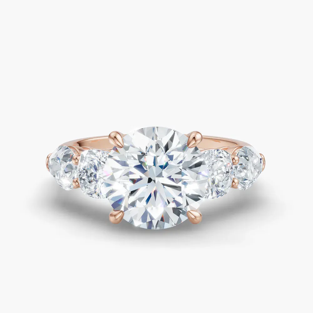 Certified 1 carat Lab Grown Diamond Round Cut Five Stone, Side Stone, Four Prong Engagement Ring in 18K Rose Gold-Riva