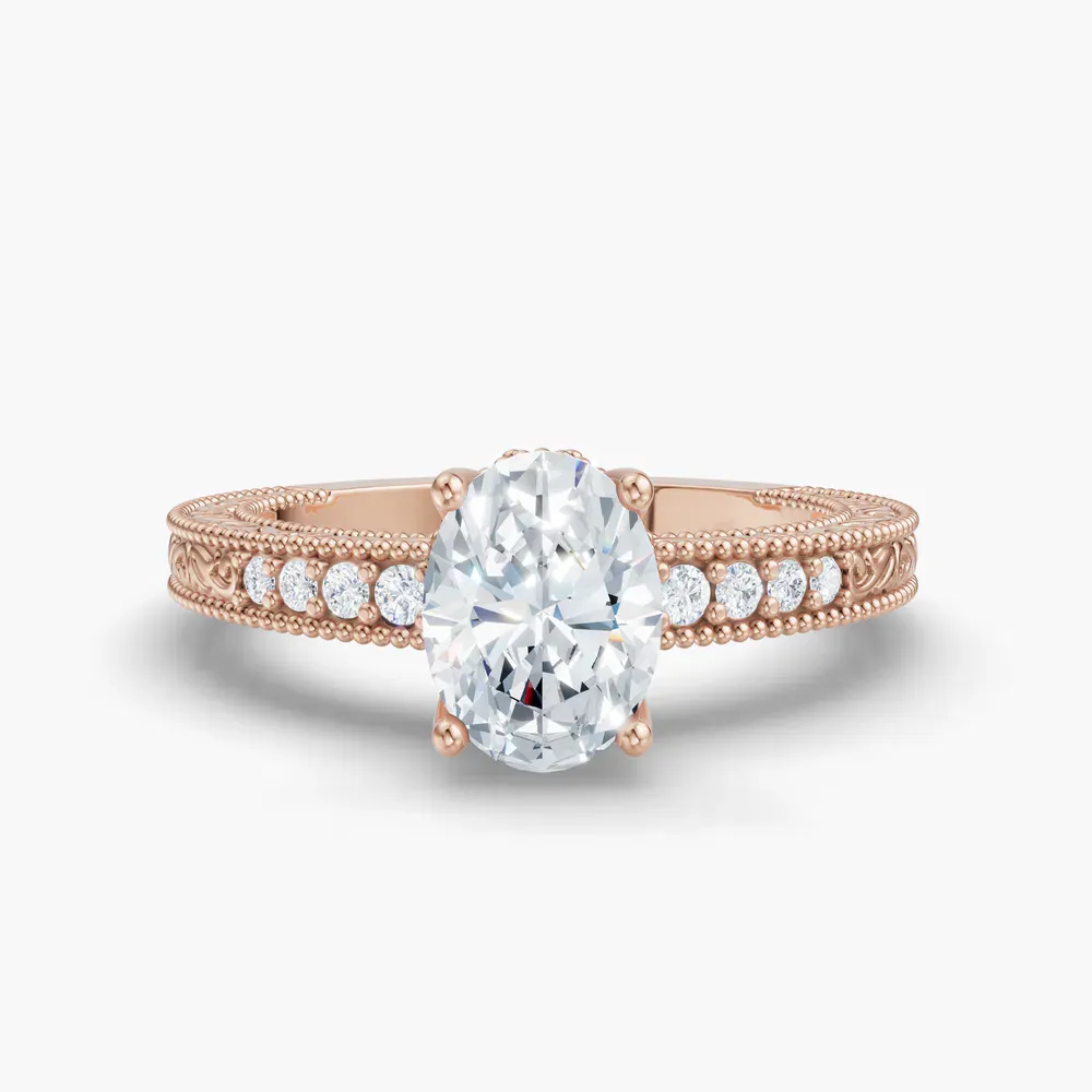 Certified 1 carat Lab Grown Diamond Oval Cut Vintage, Milgrain, Side Stone Engagement Ring in 18K Rose Gold-Meren