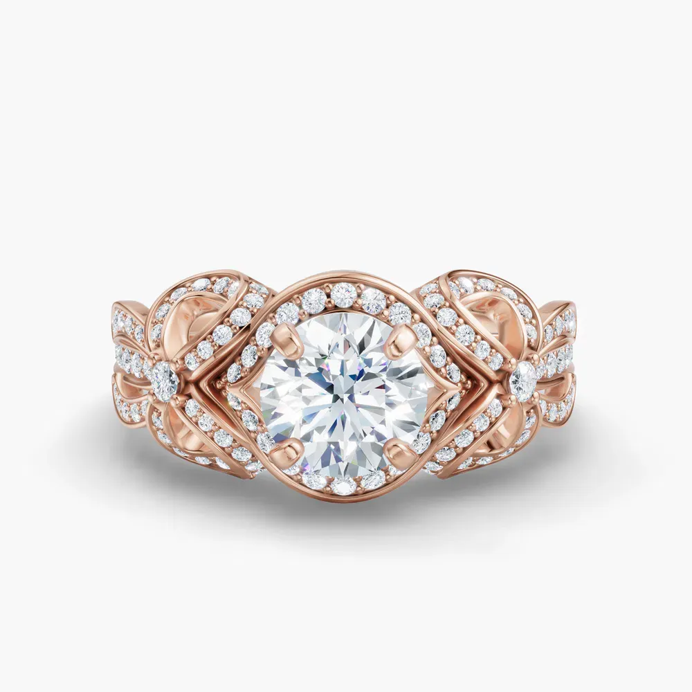 Certified 1 carat Lab Grown Diamond Round Cut Halo, Unique, Pavé Engagement Ring in 18K Rose Gold-Calista