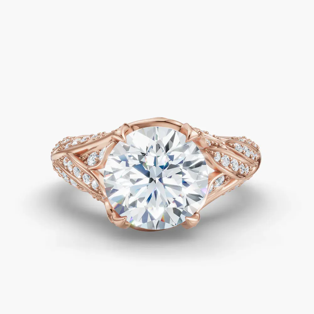 Certified 2 carat Lab Grown Diamond Round Cut Nature inspired, Pavé, Four Prong Engagement Ring in 14K Rose Gold-Rift