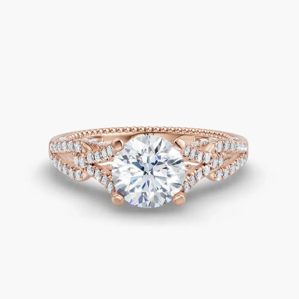 Certified 1 carat Lab Grown Diamond Round Cut Hidden Halo, Milgrain, Nature inspired Engagement Ring in 18K Rose Gold-Soxel