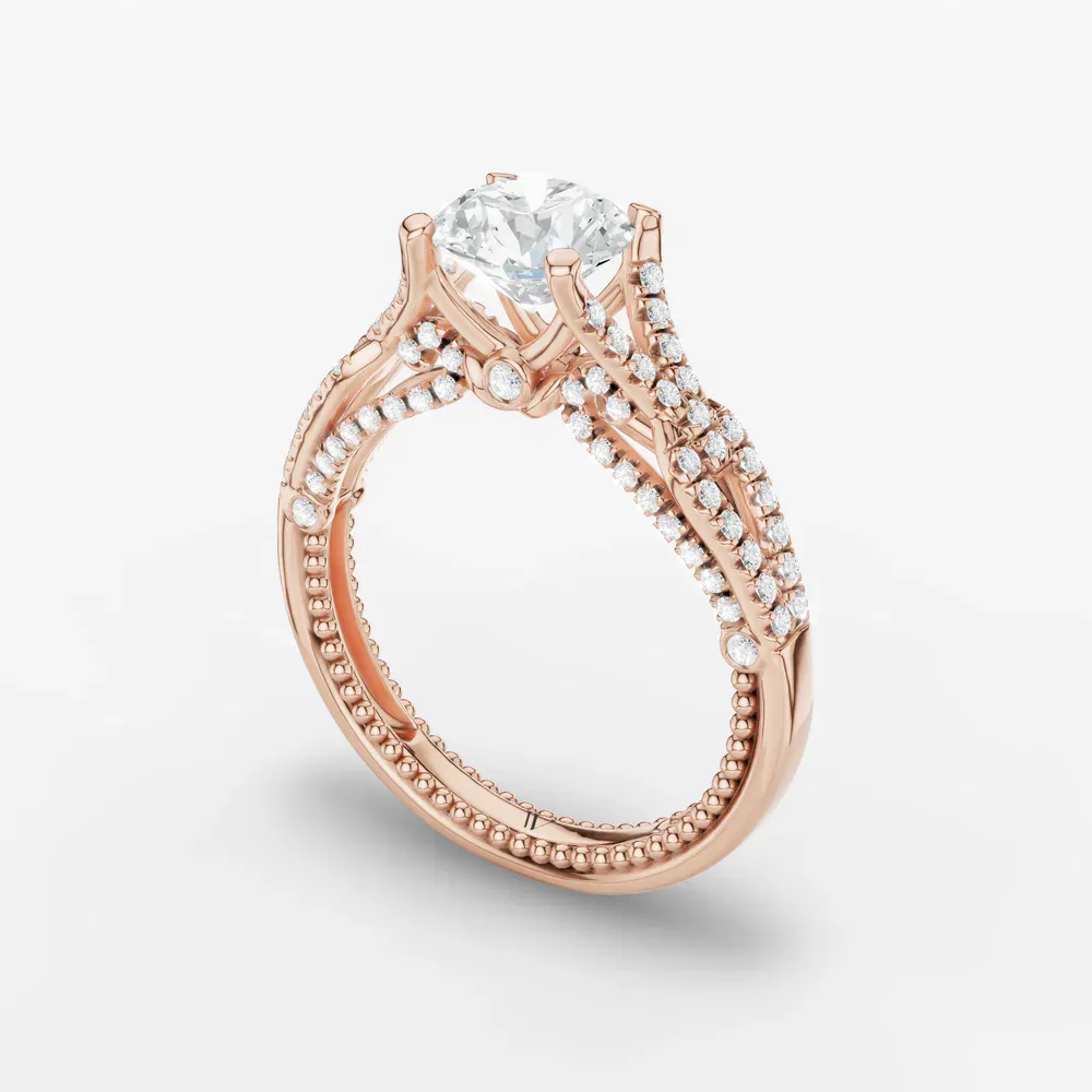 Certified 1 carat Lab Grown Diamond Round Cut Hidden Halo, Milgrain, Nature inspired Engagement Ring in 18K Rose Gold-Soxel