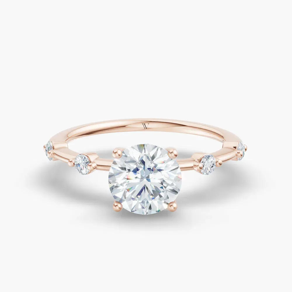 Certified 1 carat Lab Grown Diamond Round Cut Four Prong, Low profile, Side Stone Engagement Ring in 14K Rose Gold-Hriw