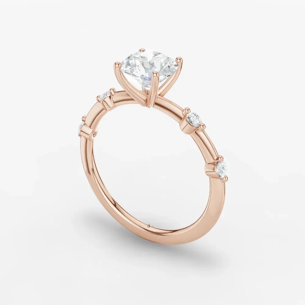 Certified 1 carat Lab Grown Diamond Round Cut Four Prong, Low profile, Side Stone Engagement Ring in 14K Rose Gold-Hriw