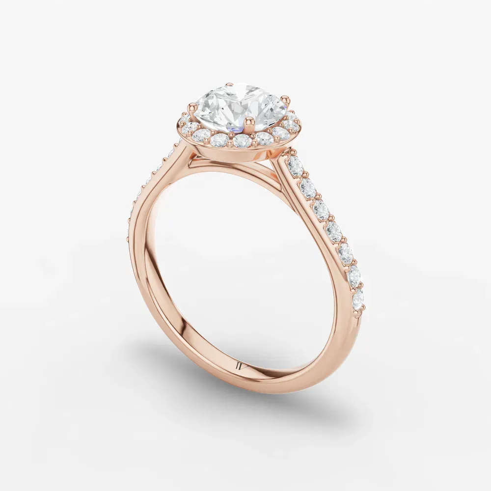 Certified 1 carat Lab Grown Diamond Round Cut Pavé, Halo, Cathedral Engagement Ring in 14K Rose Gold-Kvolt